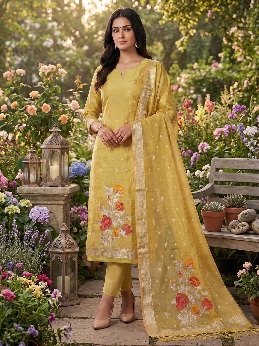 Yellow Tissue Floral Weaving Unstitched Dress Material