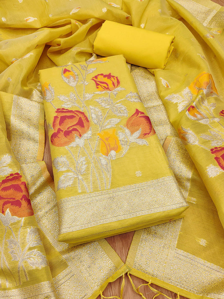 Yellow Tissue Floral Weaving Unstitched Dress Material