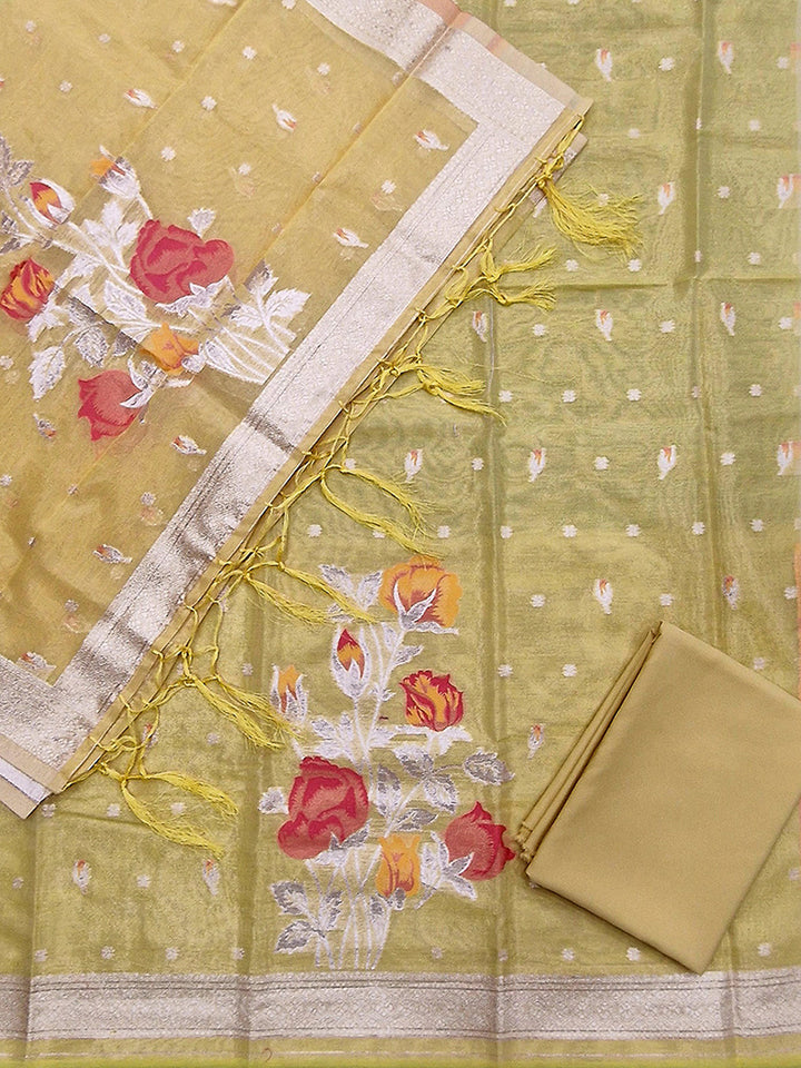 Yellow Tissue Floral Weaving Unstitched Dress Material