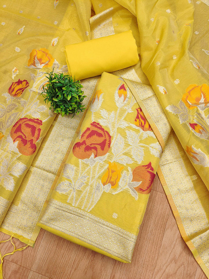 Yellow Tissue Floral Weaving Unstitched Dress Material