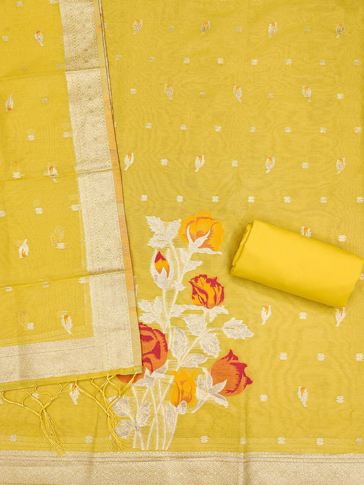 Yellow Tissue Floral Weaving Unstitched Dress Material