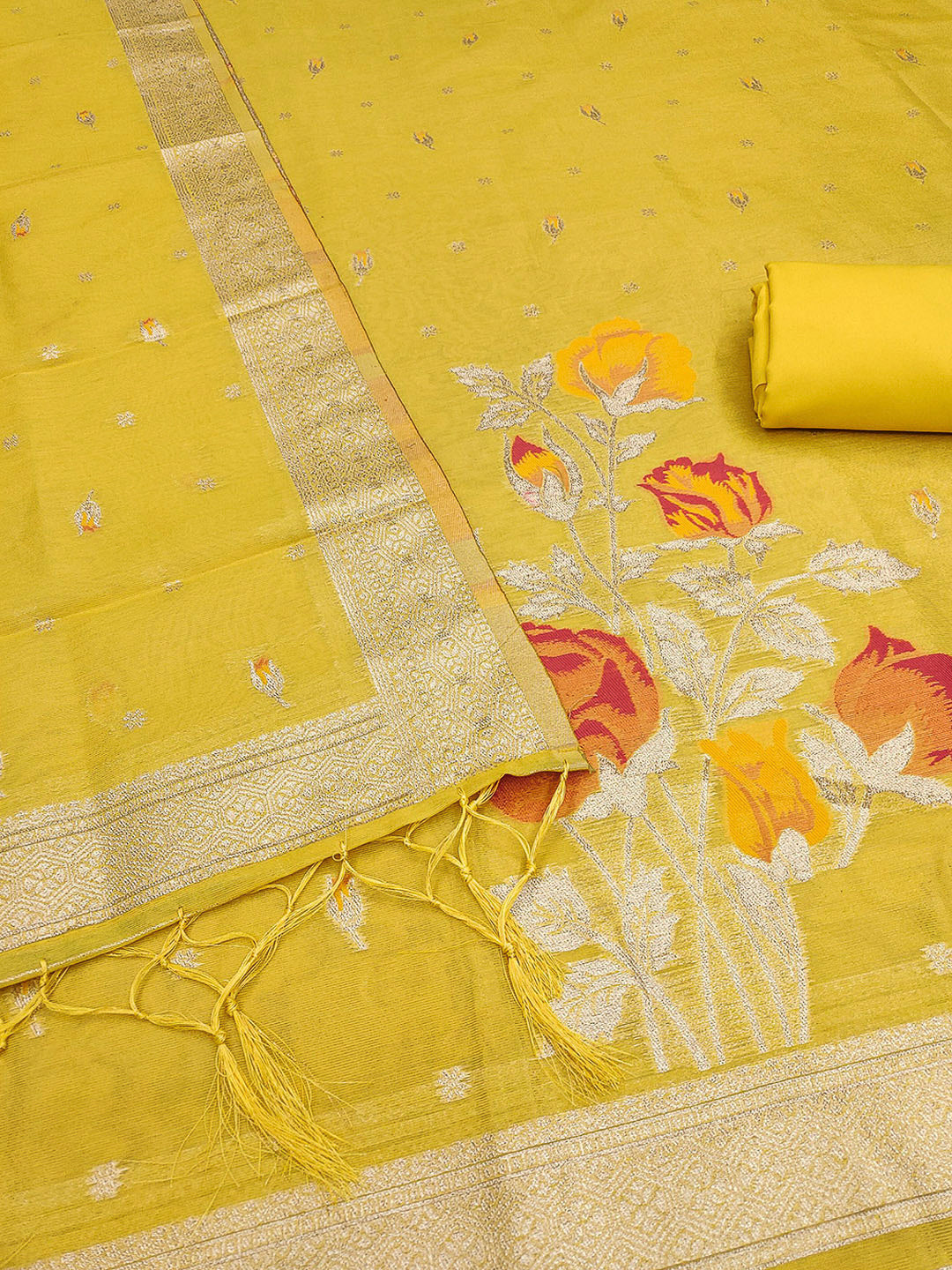 Yellow Tissue Floral Weaving Unstitched Dress Material