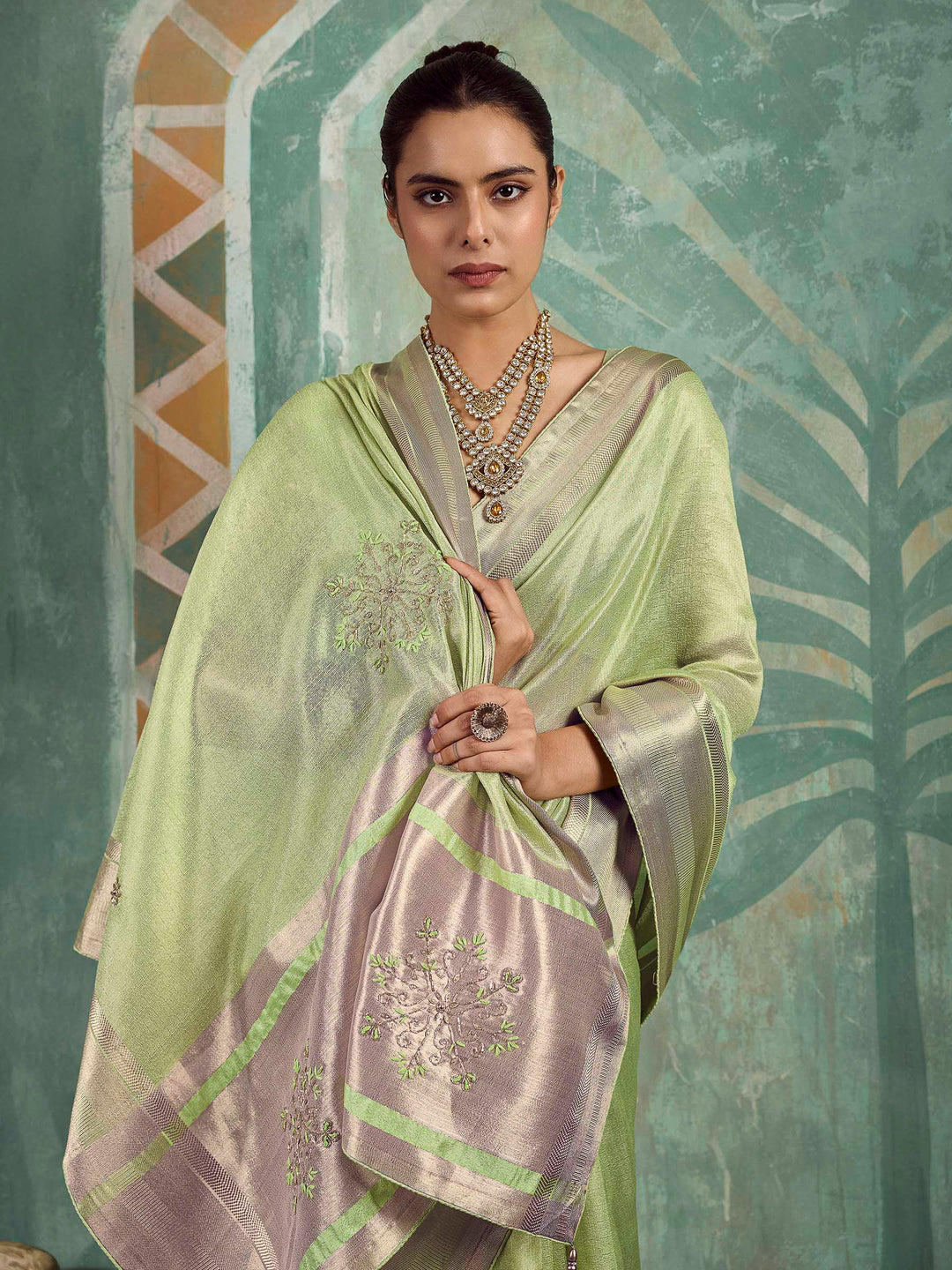 Pista-Green Tissue Embroidered Handloom Saree