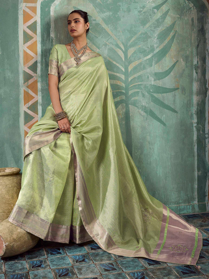 Pista-Green Tissue Embroidered Handloom Saree