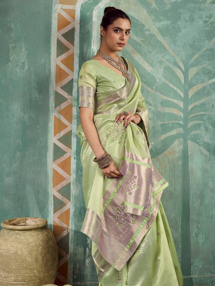 Pista-Green Tissue Embroidered Handloom Saree