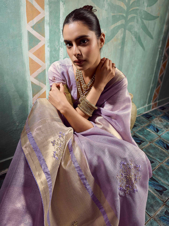 Lavender Tissue Embroidered Handloom Saree