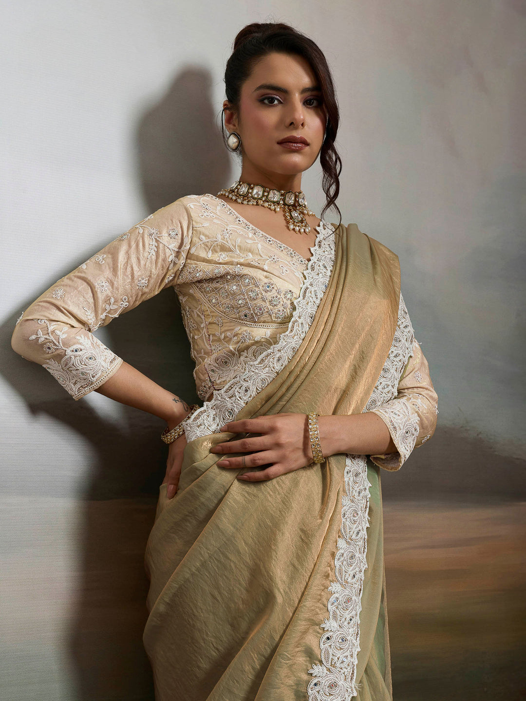 Beige Embroidered Satin Velvet Saree