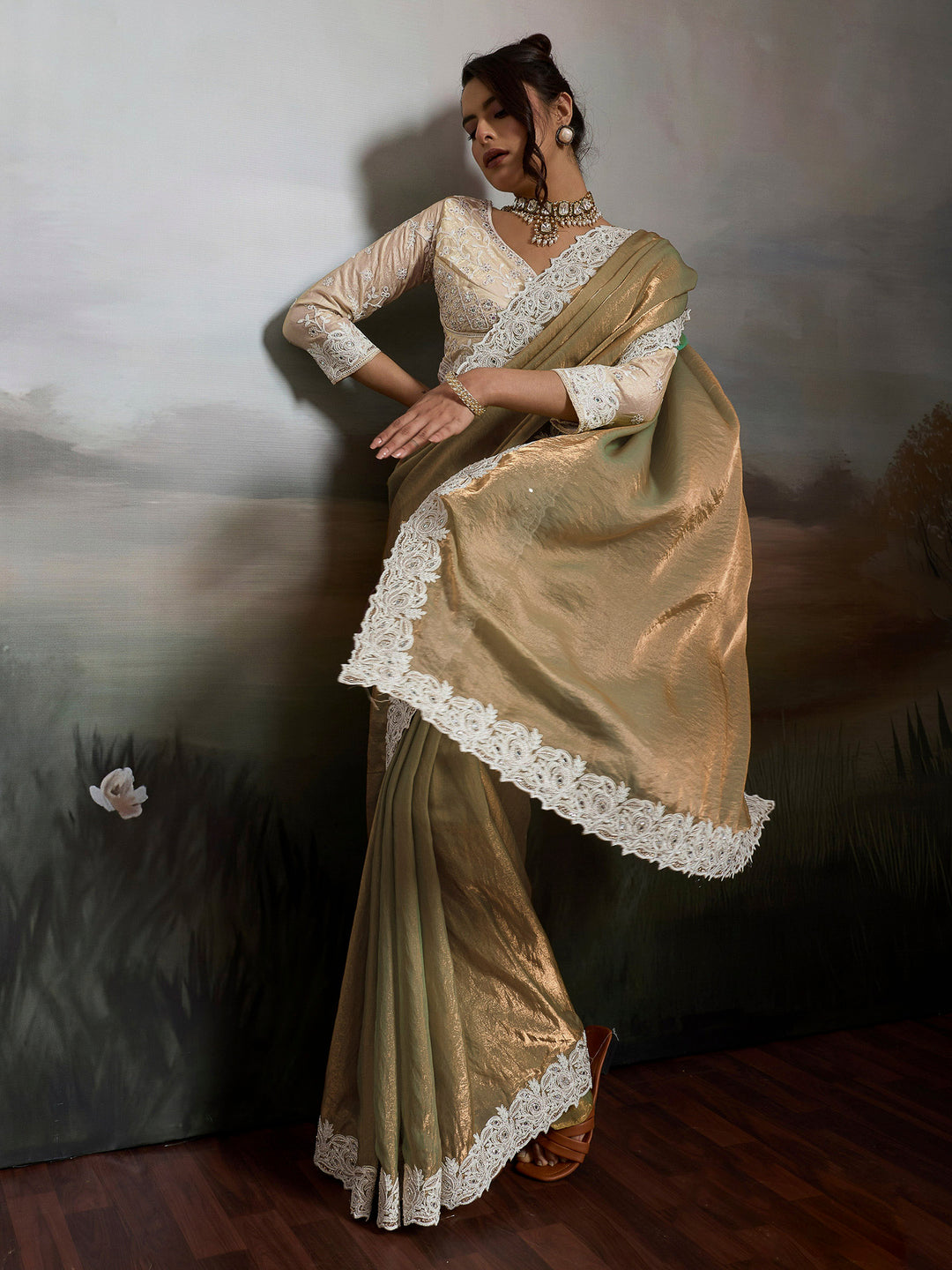 Beige Embroidered Satin Velvet Saree