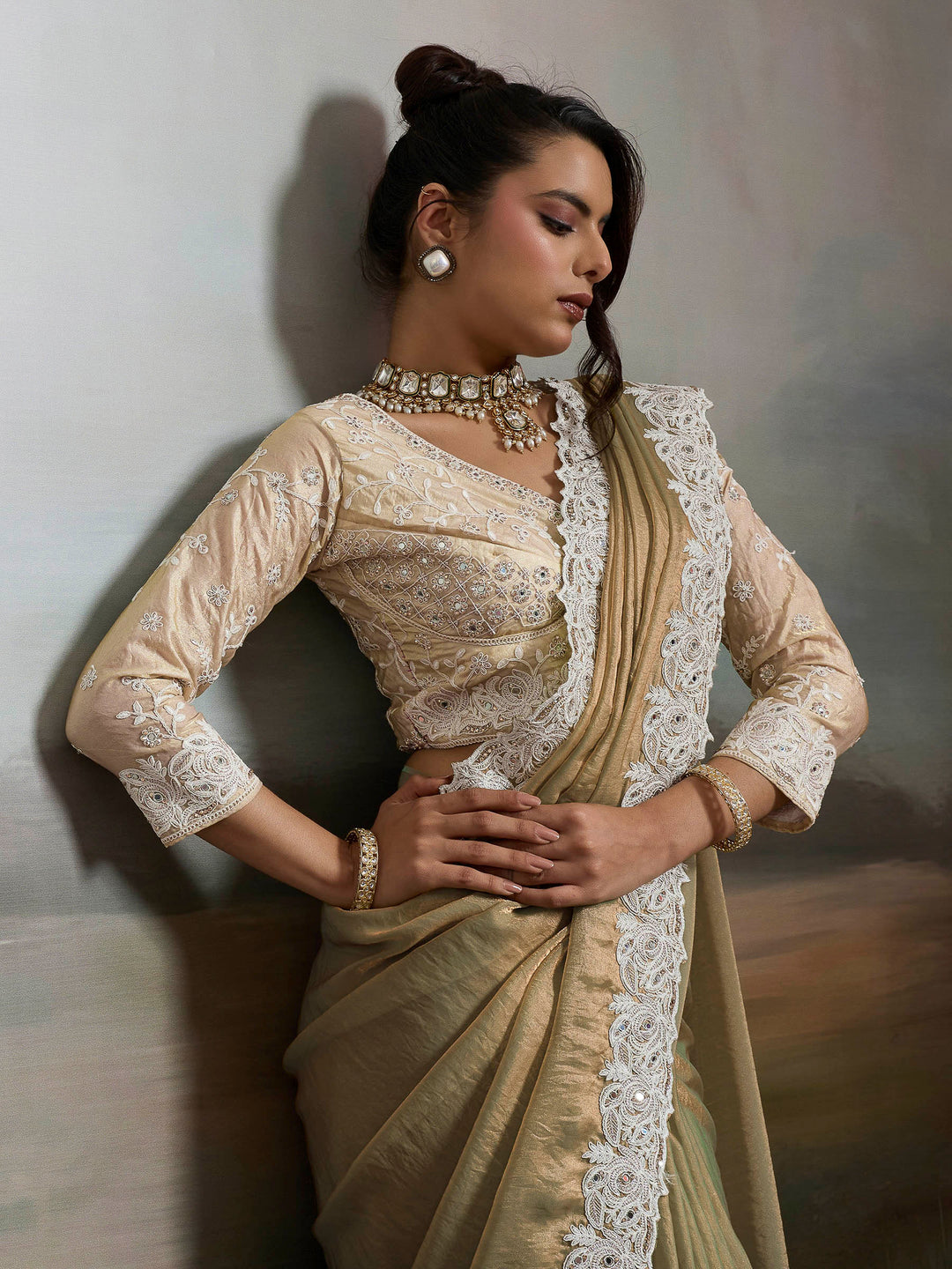 Beige Embroidered Satin Velvet Saree