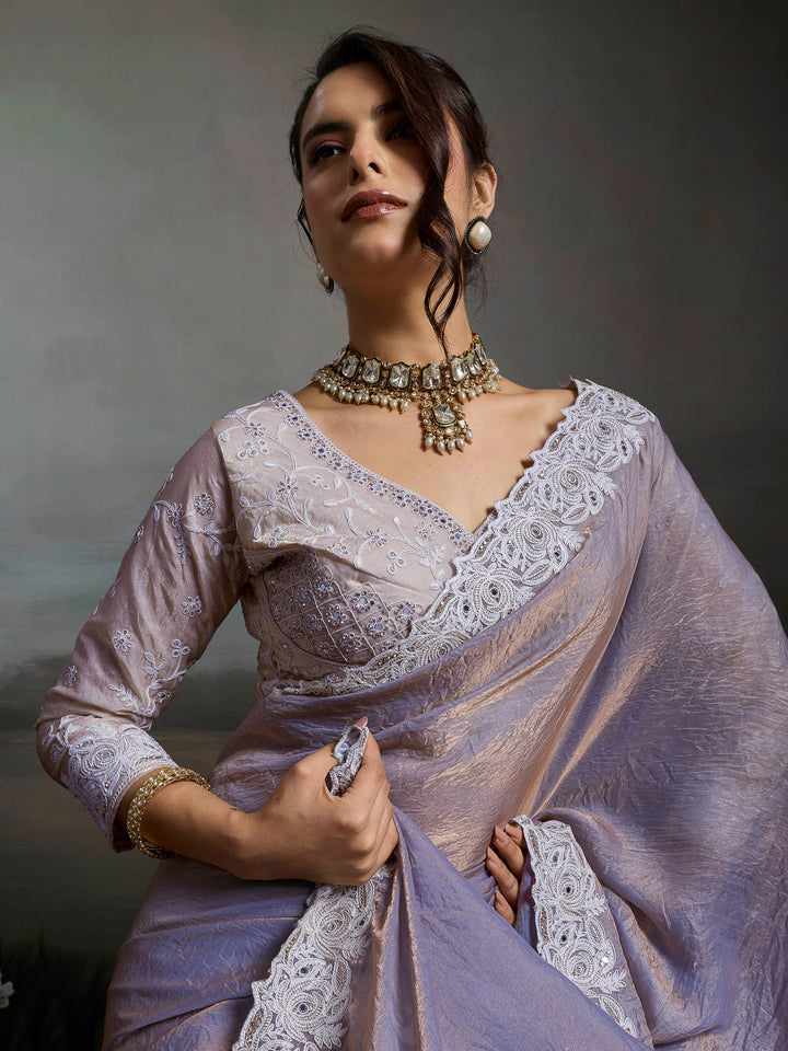 Lavender Embroidered Satin Velvet Saree