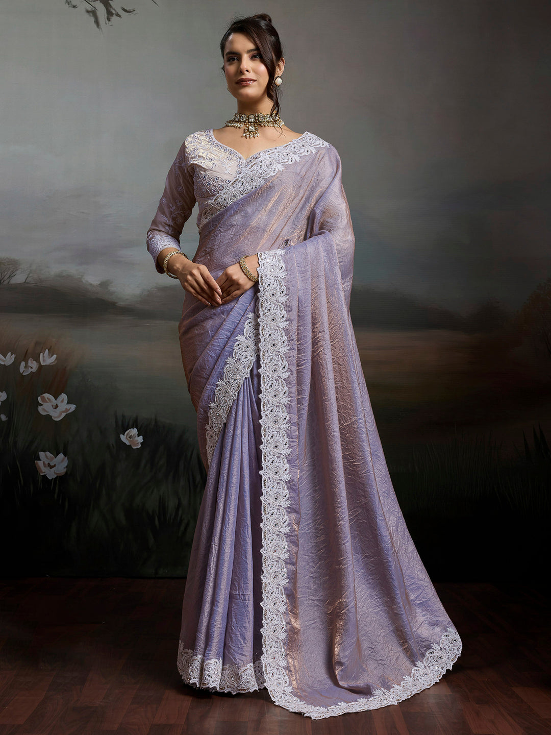 Lavender Embroidered Satin Velvet Saree
