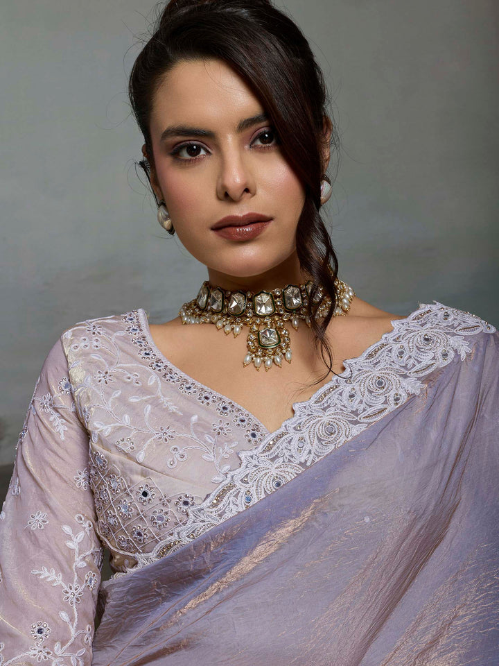 Lavender Embroidered Satin Velvet Saree