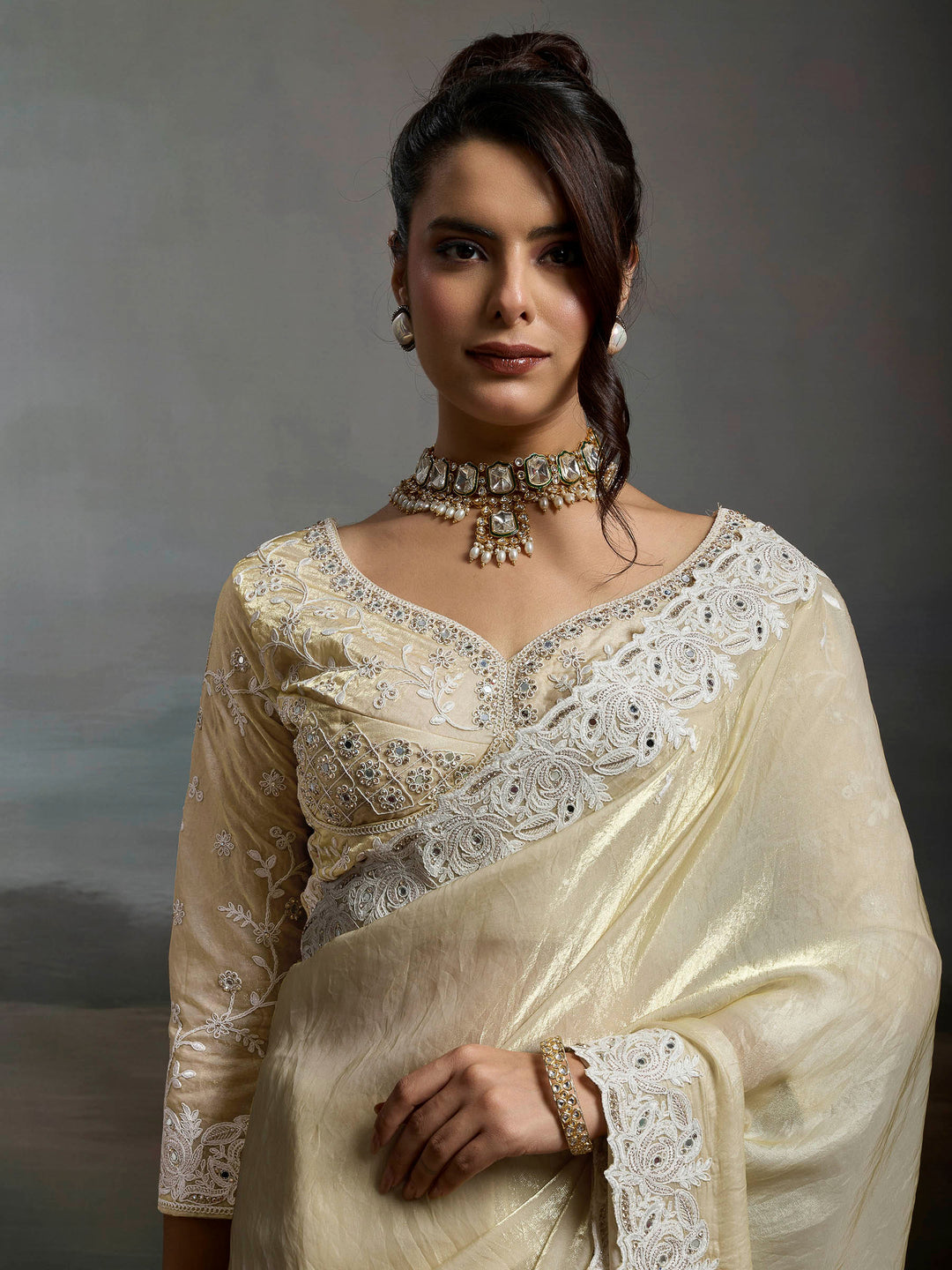 Cream Embroidered Satin Velvet Saree
