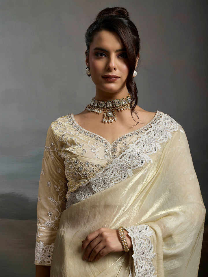 Cream Embroidered Satin Velvet Saree