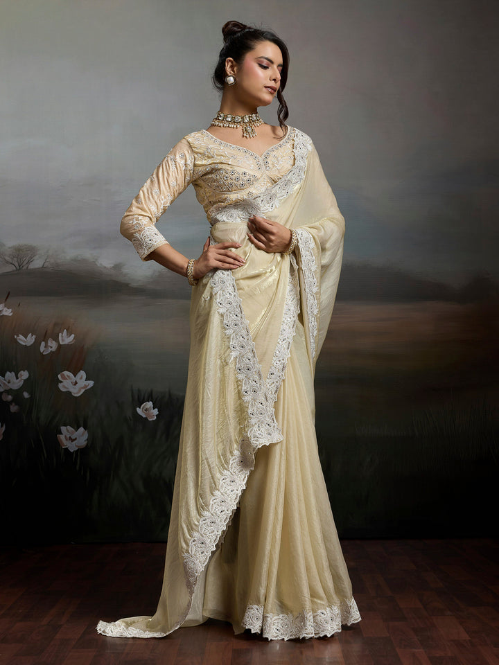 Cream Embroidered Satin Velvet Saree