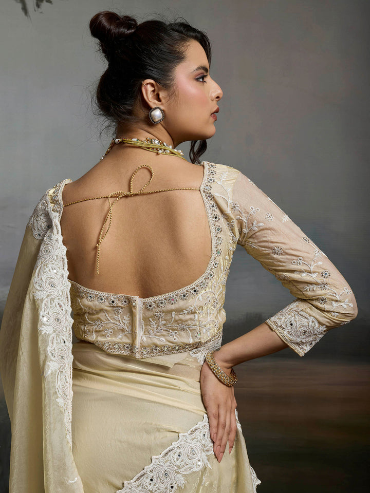 Cream Embroidered Satin Velvet Saree