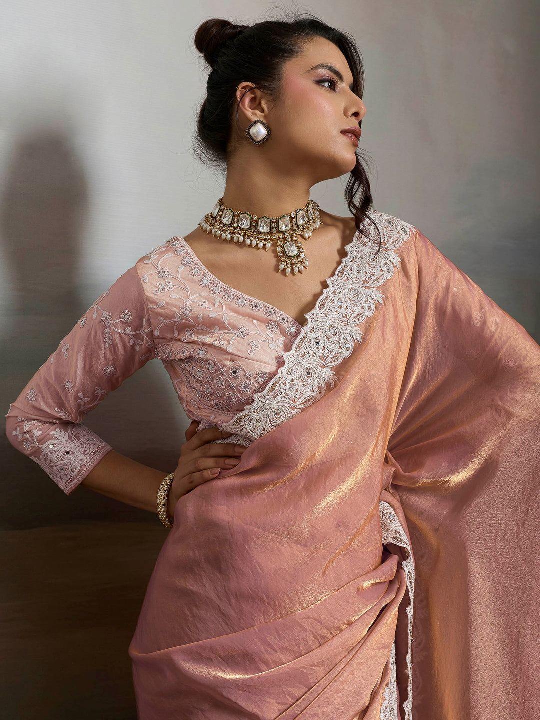 Peach Embroidered Satin Velvet Saree