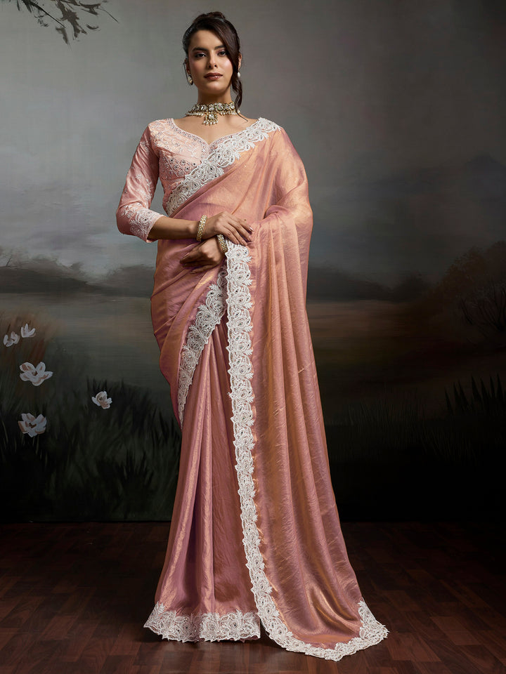 Peach Embroidered Satin Velvet Saree