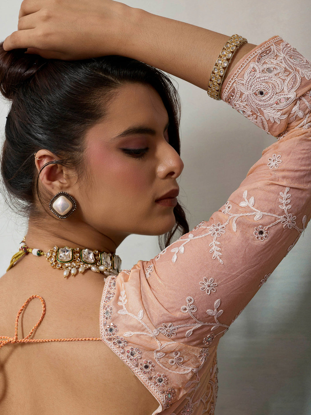 Peach Embroidered Satin Velvet Saree