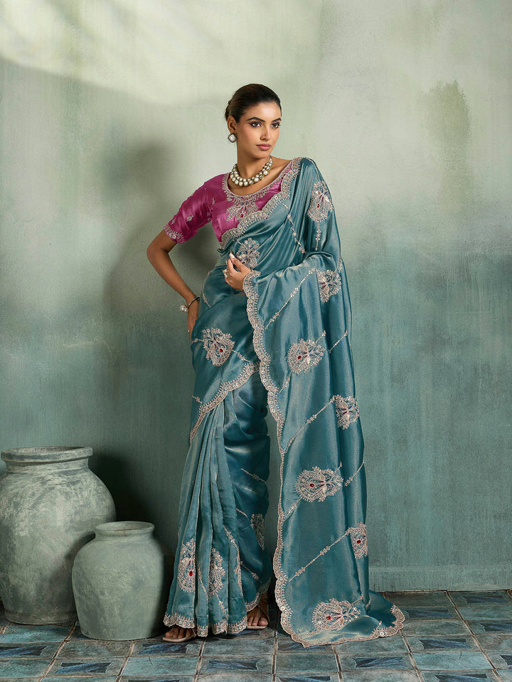 Teal-Blue Woven Embroidered Sarees
