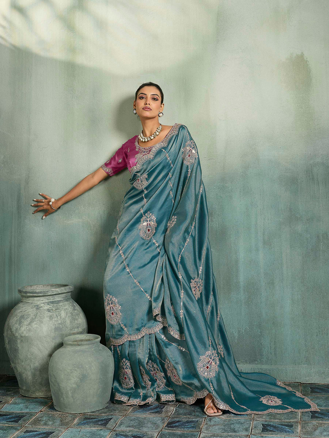 Teal-Blue Woven Embroidered Sarees