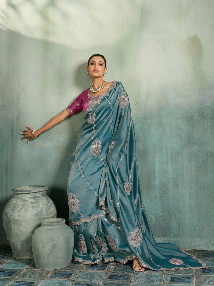 Teal-Blue Woven Embroidered Sarees