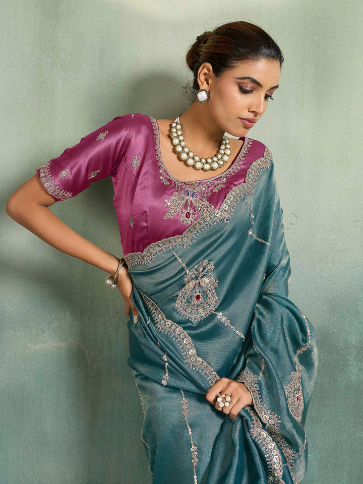 Teal-Blue Woven Embroidered Sarees