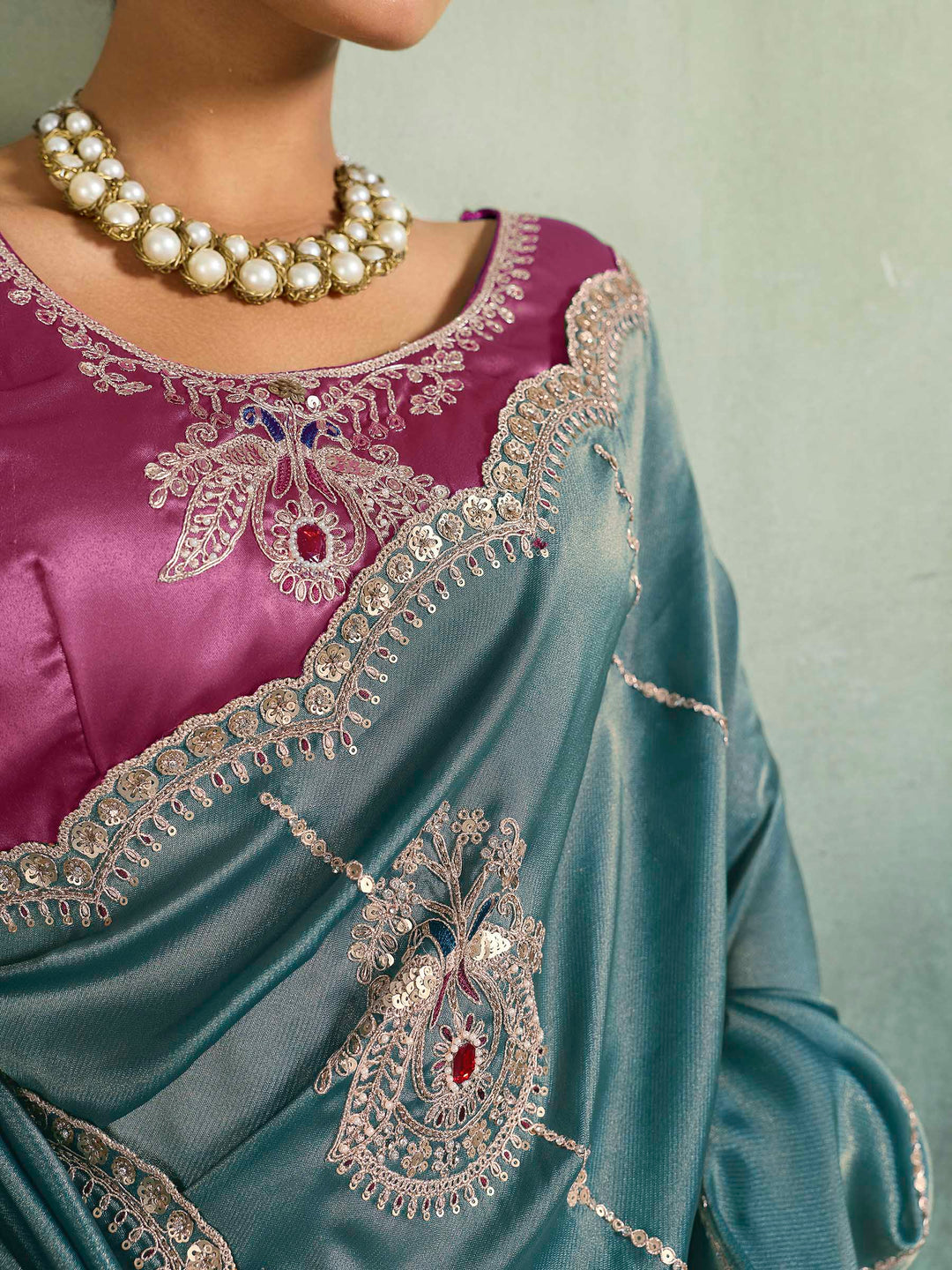 Teal-Blue Woven Embroidered Sarees