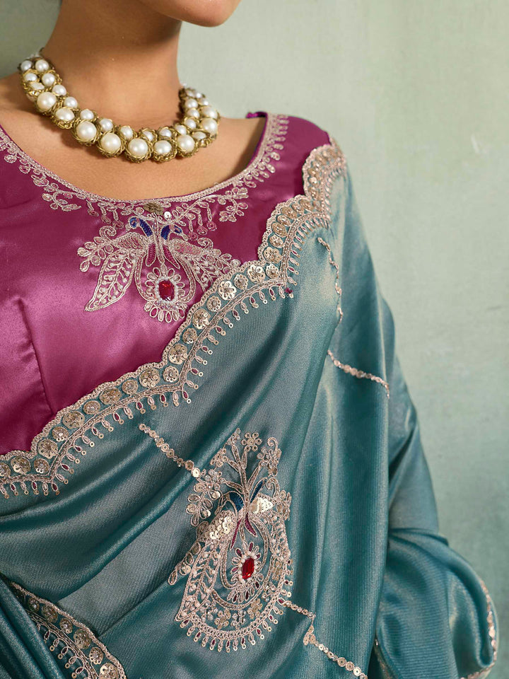 Teal-Blue Woven Embroidered Sarees