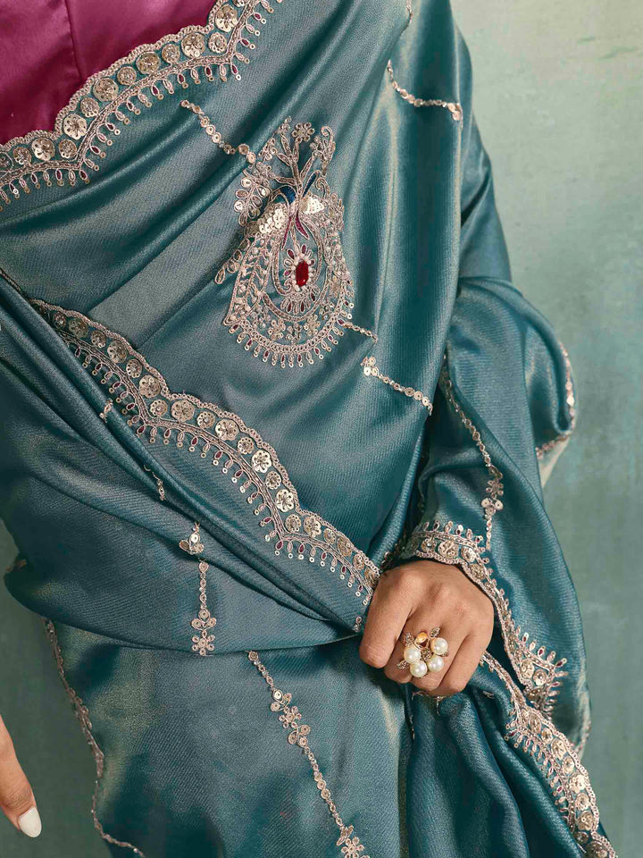 Teal-Blue Woven Embroidered Sarees