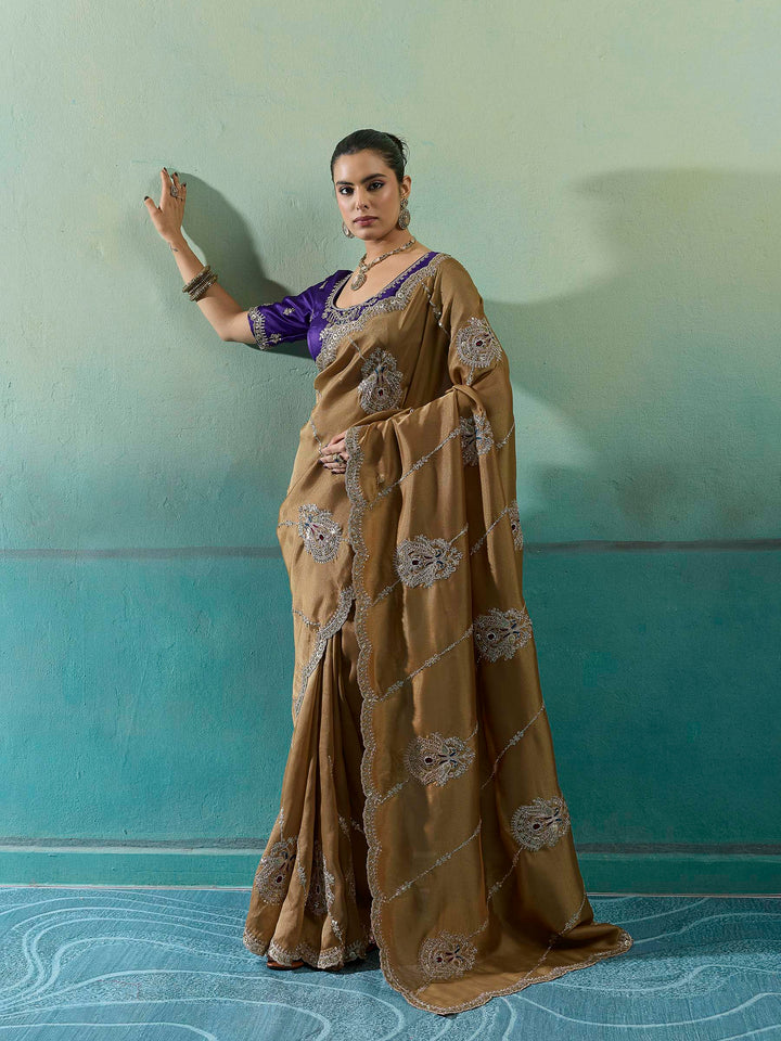 Golden-Beige Woven Embroidered Sarees