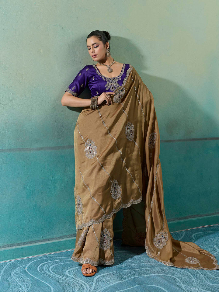 Golden-Beige Woven Embroidered Sarees
