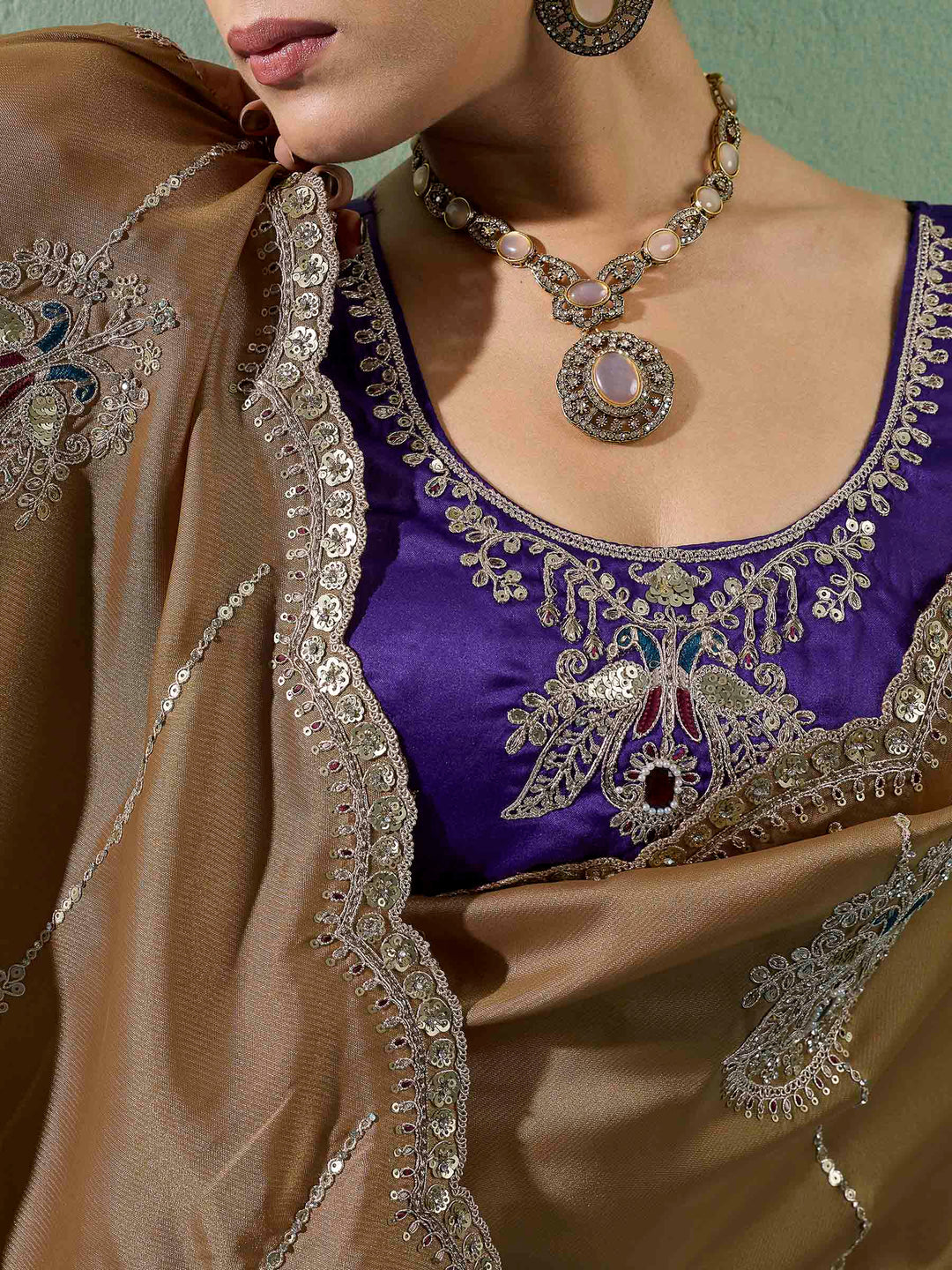 Golden-Beige Woven Embroidered Sarees