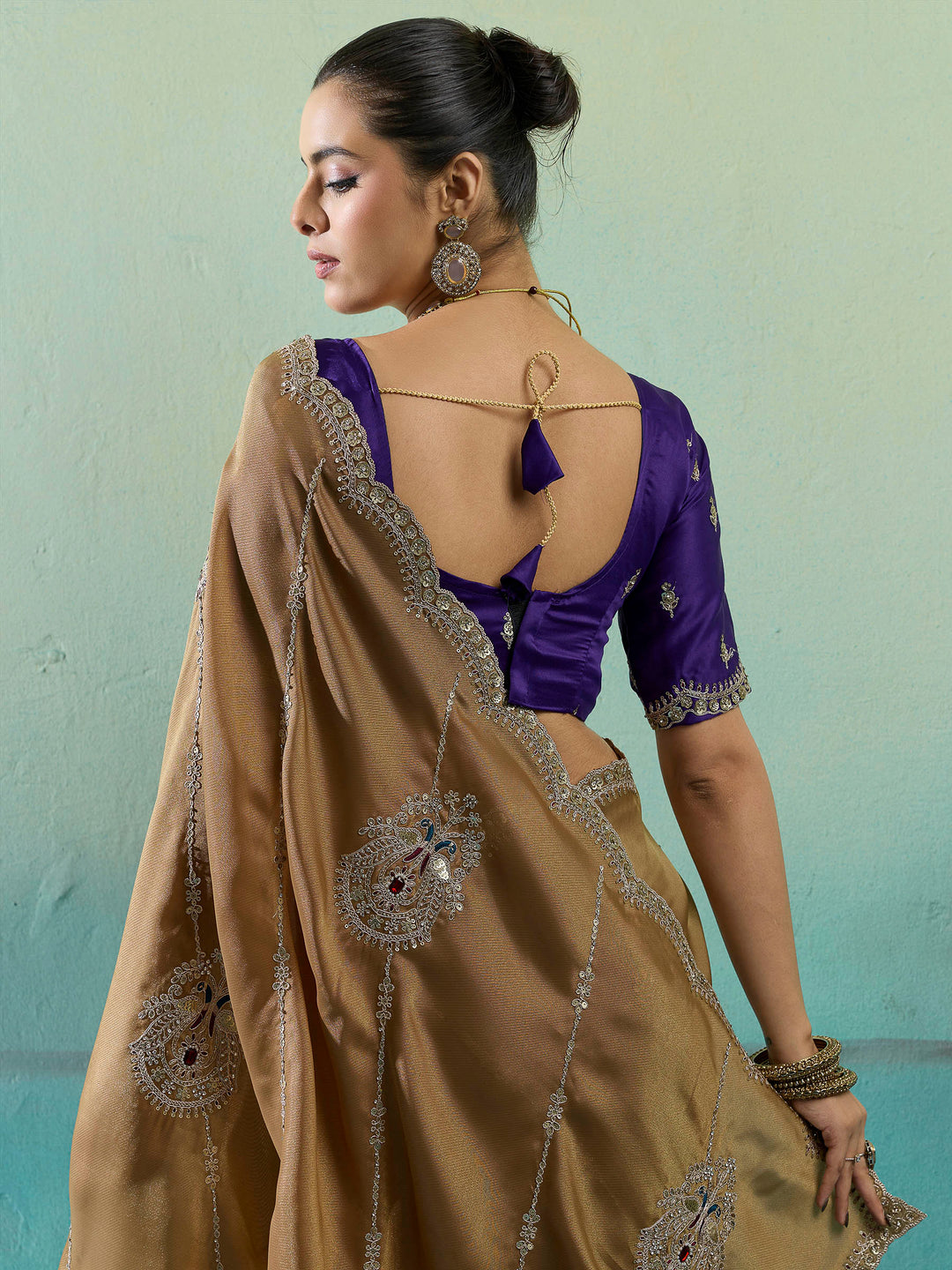 Golden-Beige Woven Embroidered Sarees