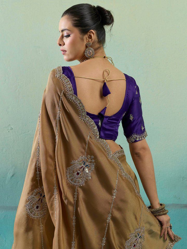 Golden-Beige Woven Embroidered Sarees