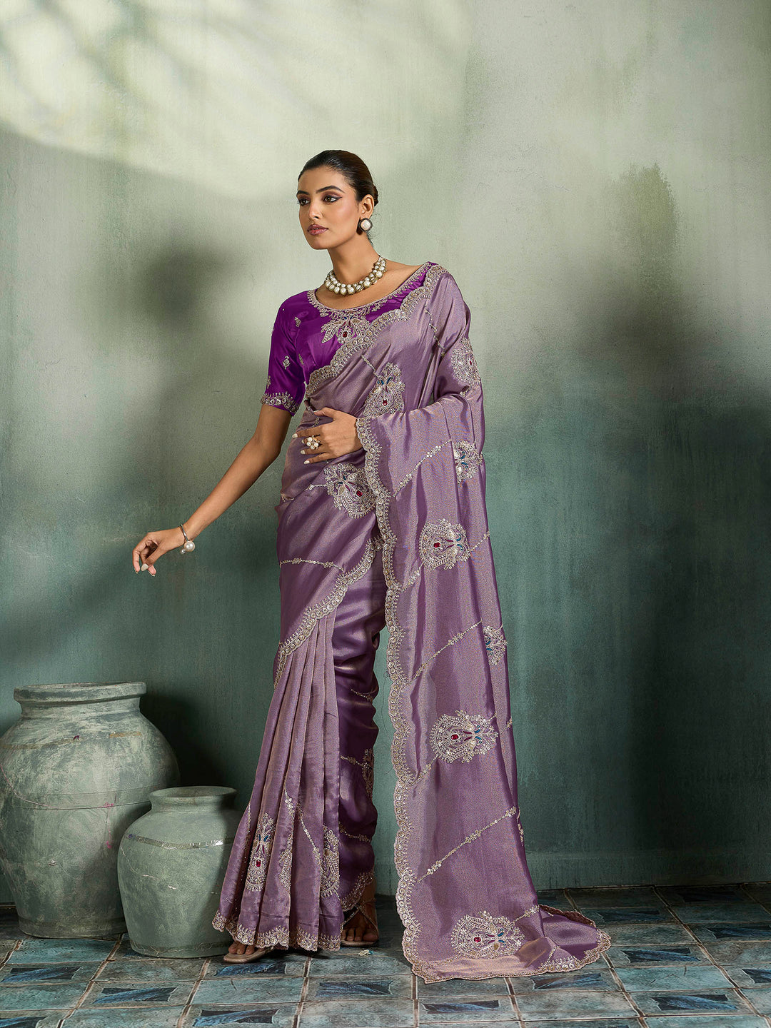 Purple Woven Embroidered Sarees
