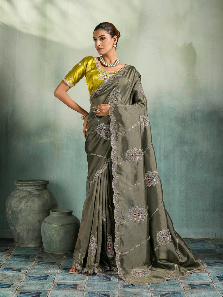 Olive-Green Woven Embroidered Sarees