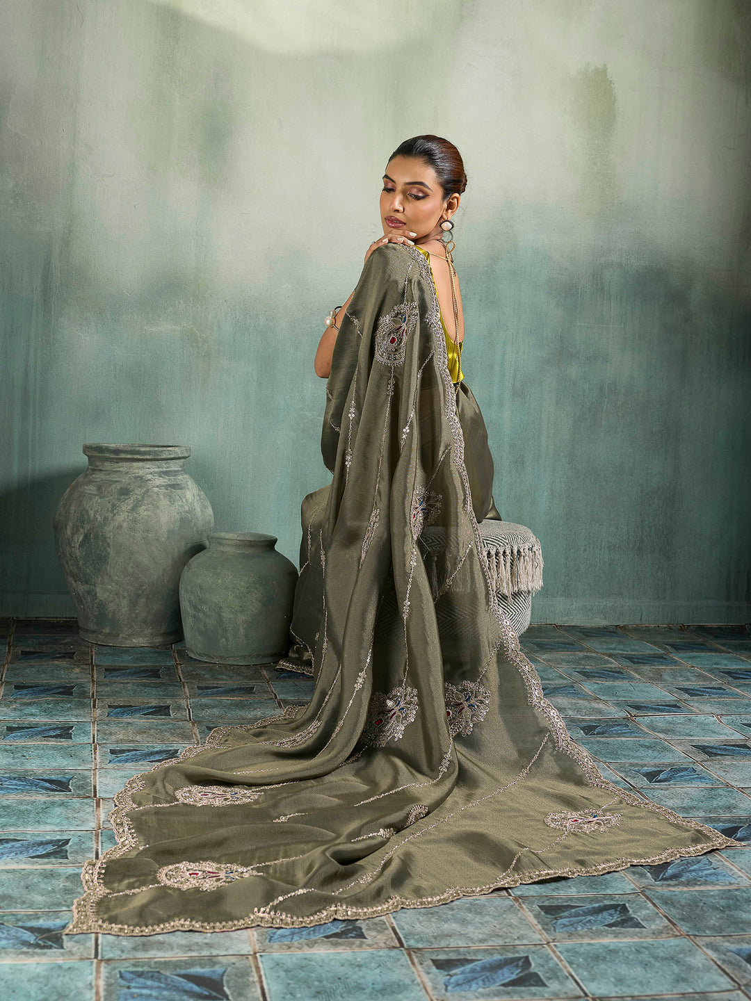 Olive-Green Woven Embroidered Sarees