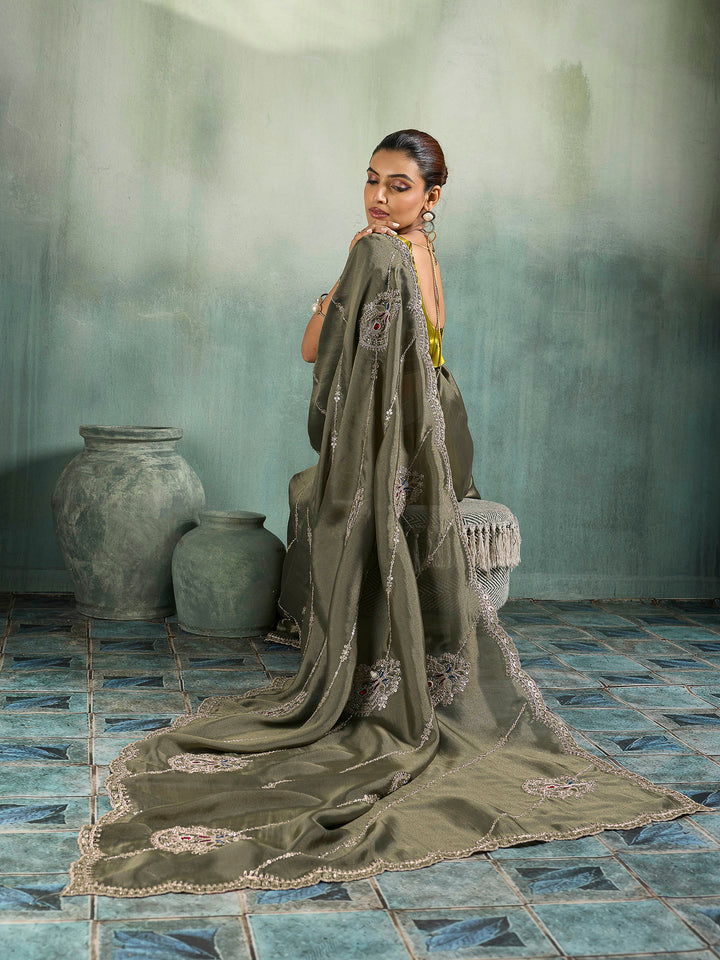 Olive-Green Woven Embroidered Sarees
