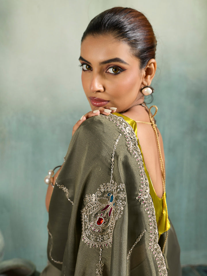 Olive-Green Woven Embroidered Sarees