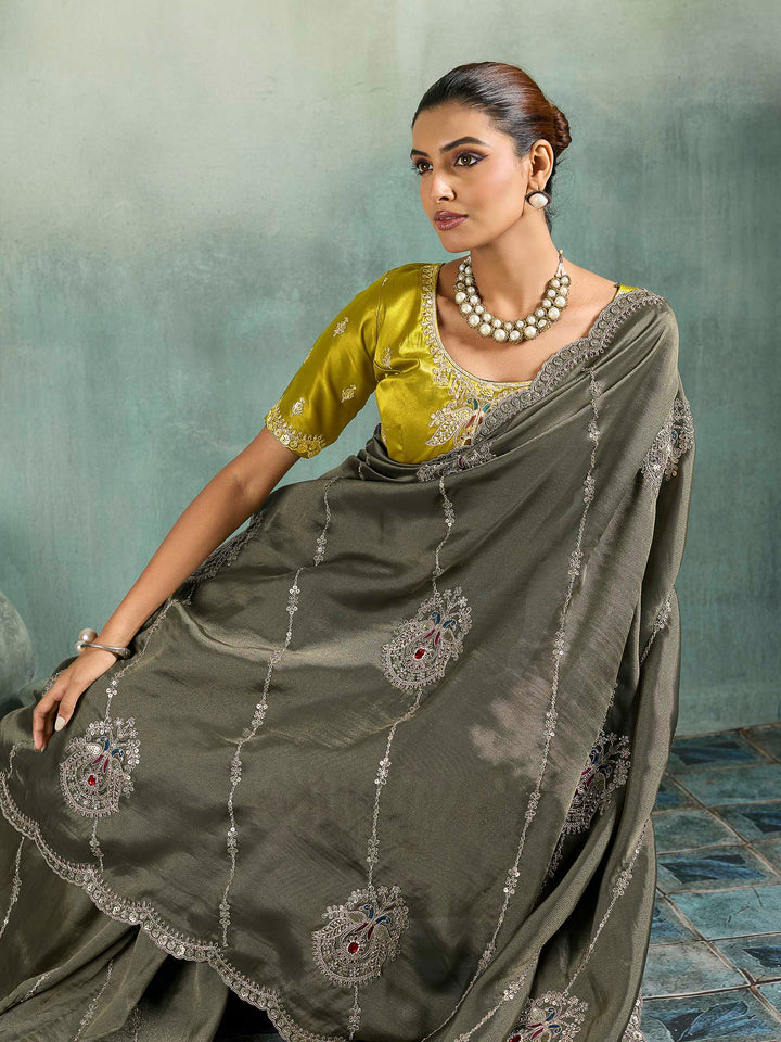 Olive-Green Woven Embroidered Sarees