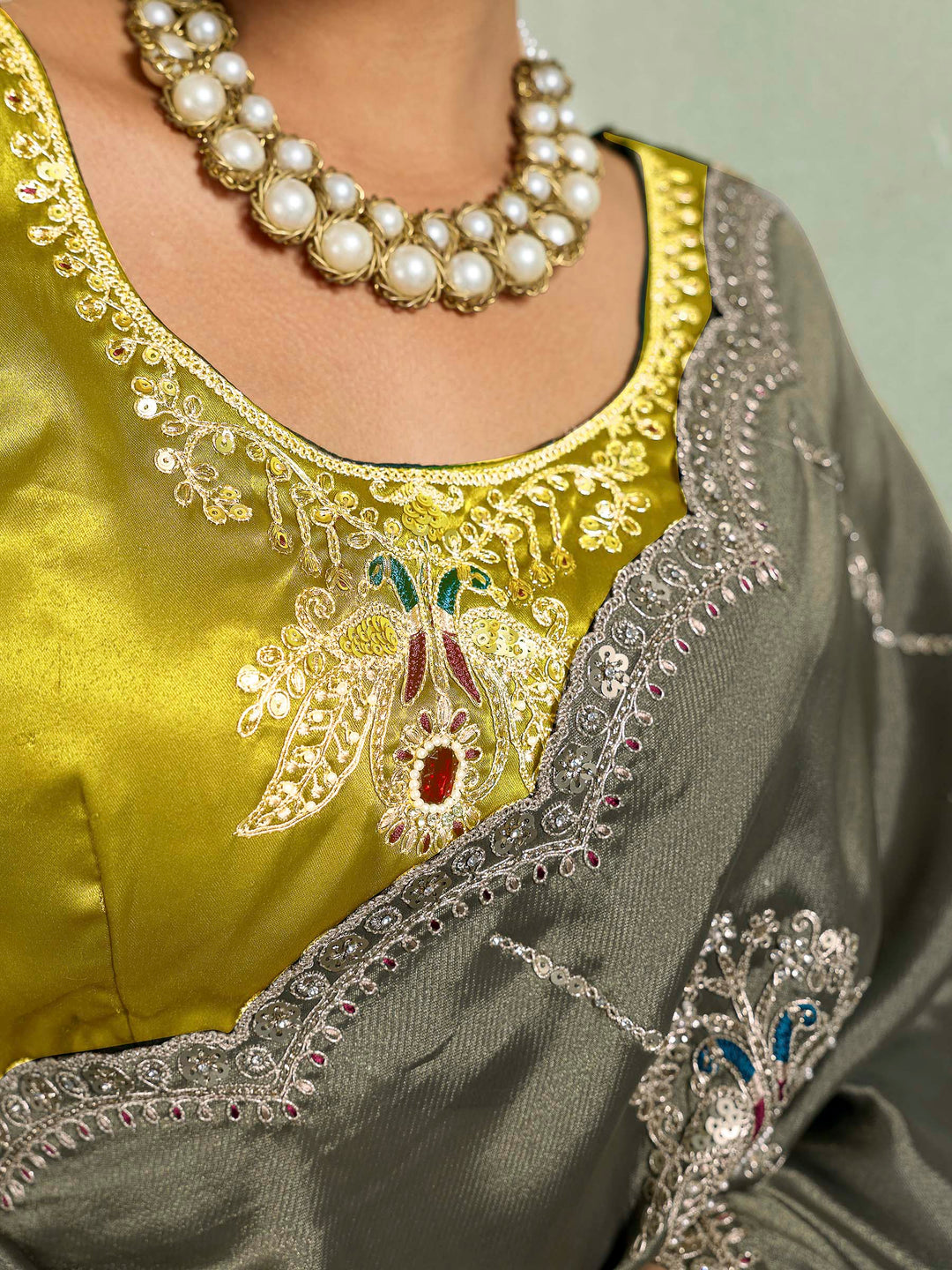 Olive-Green Woven Embroidered Sarees