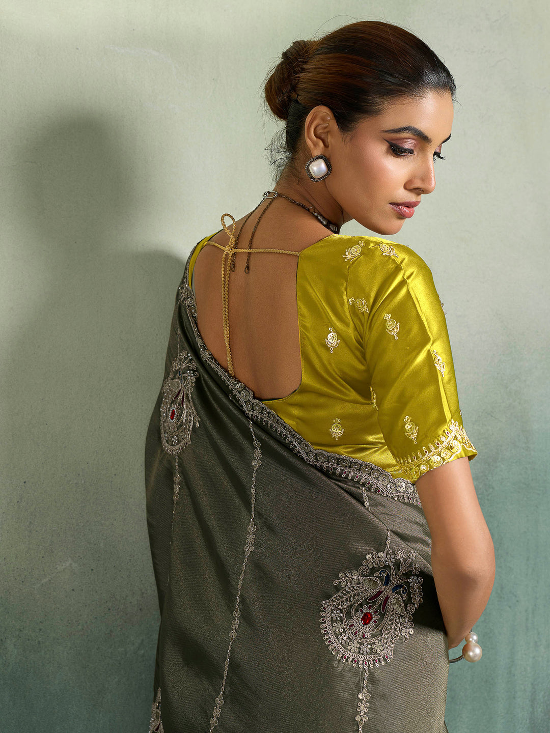 Olive-Green Woven Embroidered Sarees