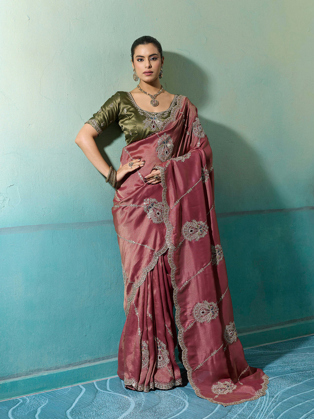 Dusty-Pink Woven Embroidered Sarees