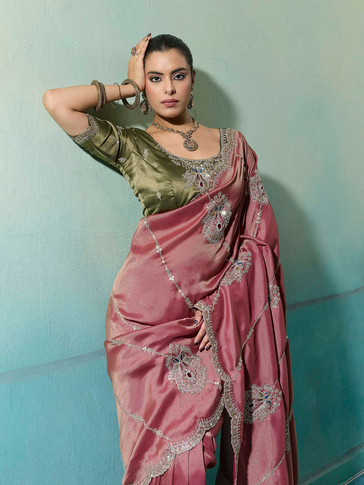 Dusty-Pink Woven Embroidered Sarees