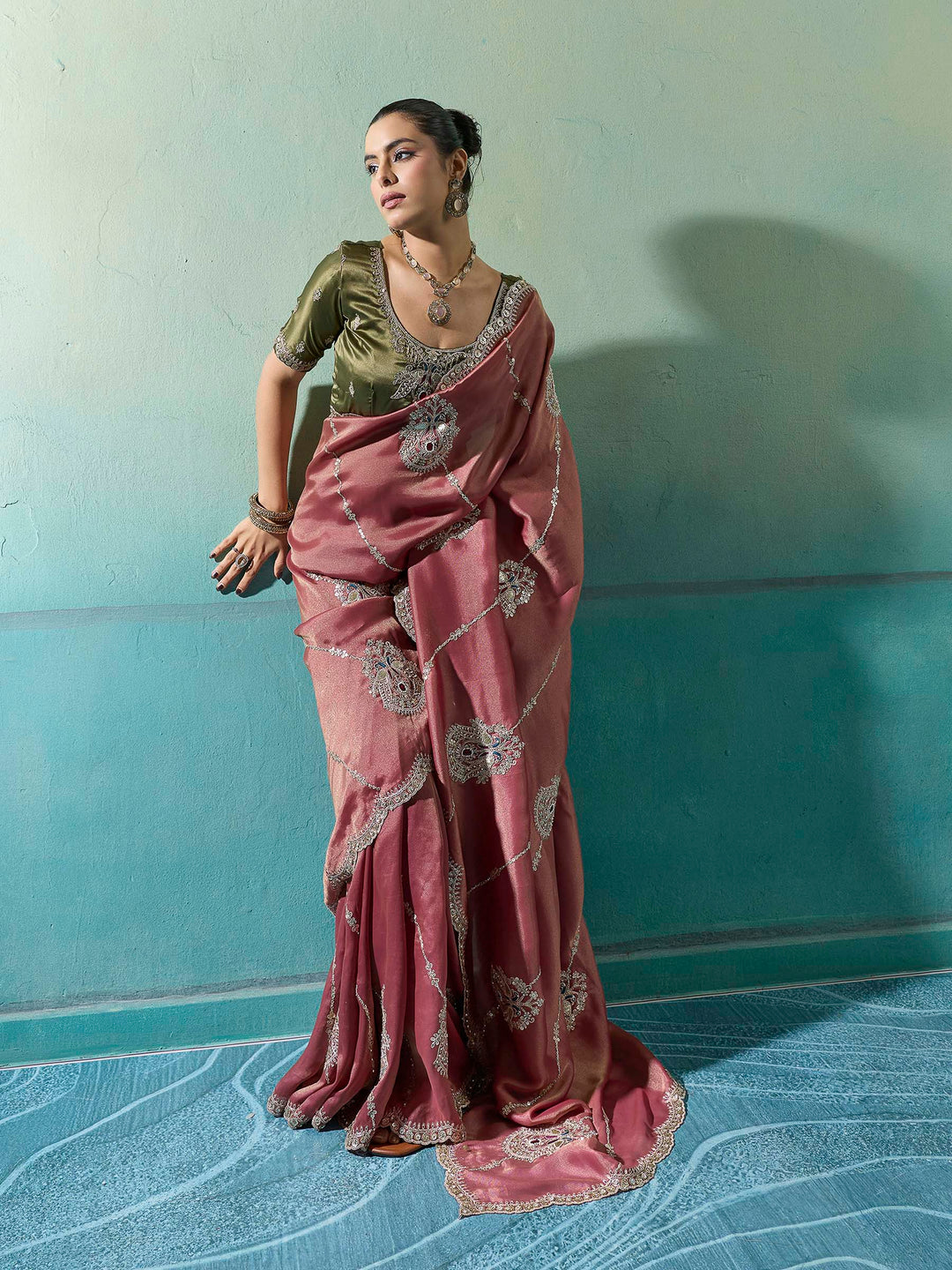 Dusty-Pink Woven Embroidered Sarees