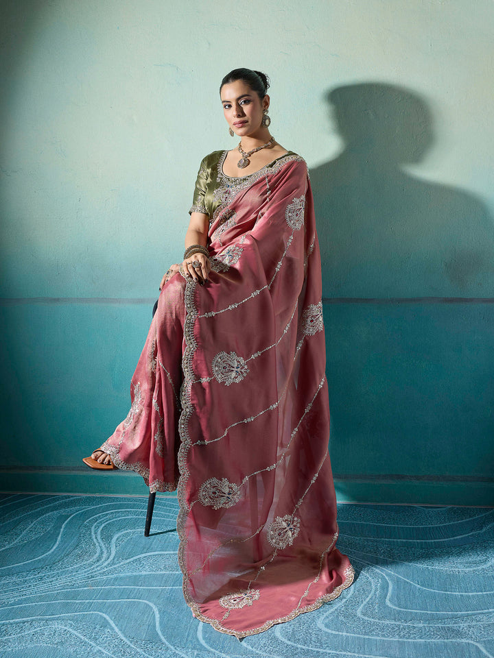 Dusty-Pink Woven Embroidered Sarees
