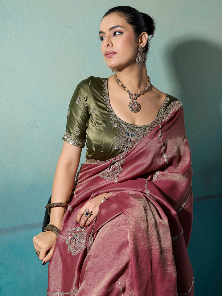 Dusty-Pink Woven Embroidered Sarees
