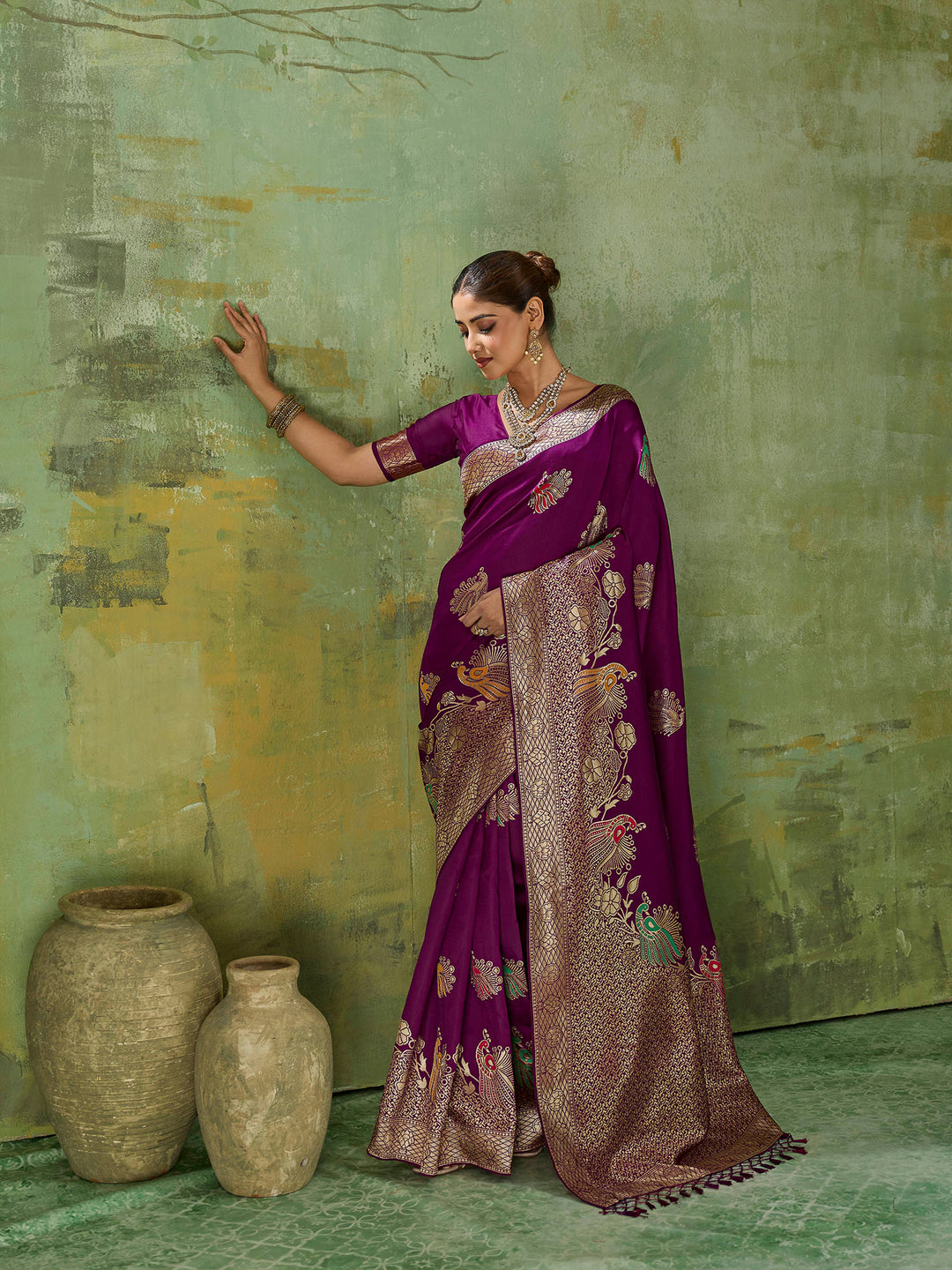 Wine Art Silk Woven Sarees