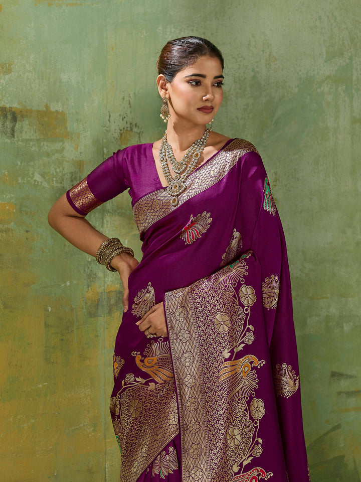 Wine Art Silk Woven Sarees